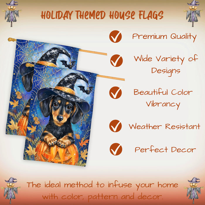 Witch Hat Dachshund Fall House Flag 28 x 40 Inch Halloween Thanksgiving Outdoor Decor Double Sided Dog Lover Gift