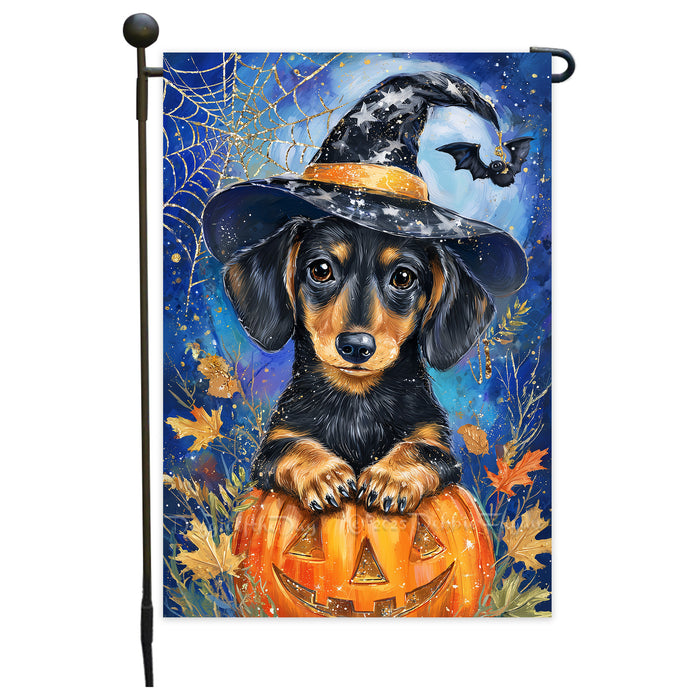 Witch Hat Dachshund Puppy Yard Flag Autumn Leaf Outdoor Decor Halloween Welcome Sign Thanksgiving Dog Lover Gift Lawn Pathway Spider Web Flag Single or Double Sided 12.5 x 18 Inch