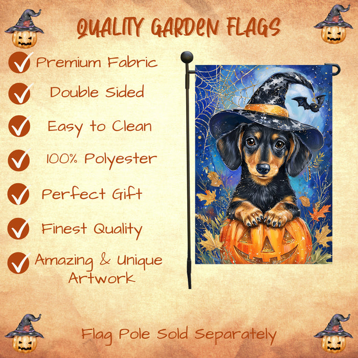 Witch Hat Dachshund Puppy Yard Flag Autumn Leaf Outdoor Decor Halloween Welcome Sign Thanksgiving Dog Lover Gift Lawn Pathway Spider Web Flag Single or Double Sided 12.5 x 18 Inch