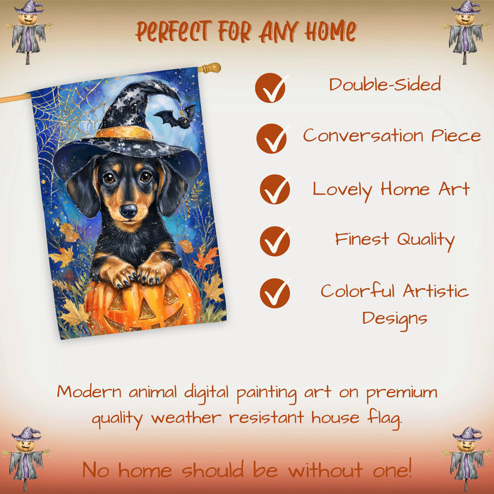 Witch Hat Dachshund Fall House Flag 28 x 40 Inch Halloween Thanksgiving Outdoor Decor Double Sided Dog Lover Gift