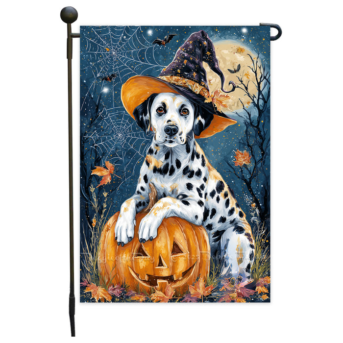 Dalmatian Pumpkin Welcome Yard Flag Fall Halloween Outdoor Decoration Spider Web Design Holiday Garden Banner Single or Double Sided 12.5 x 18 Inch