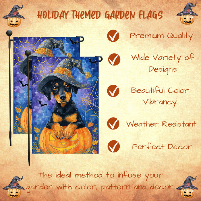 Doberman Spooky Pumpkin Garden Flag Halloween Outdoor Decoration Spider Web Design Holiday Yard Flag Single or Double Sided 12.5 x 18 Inch