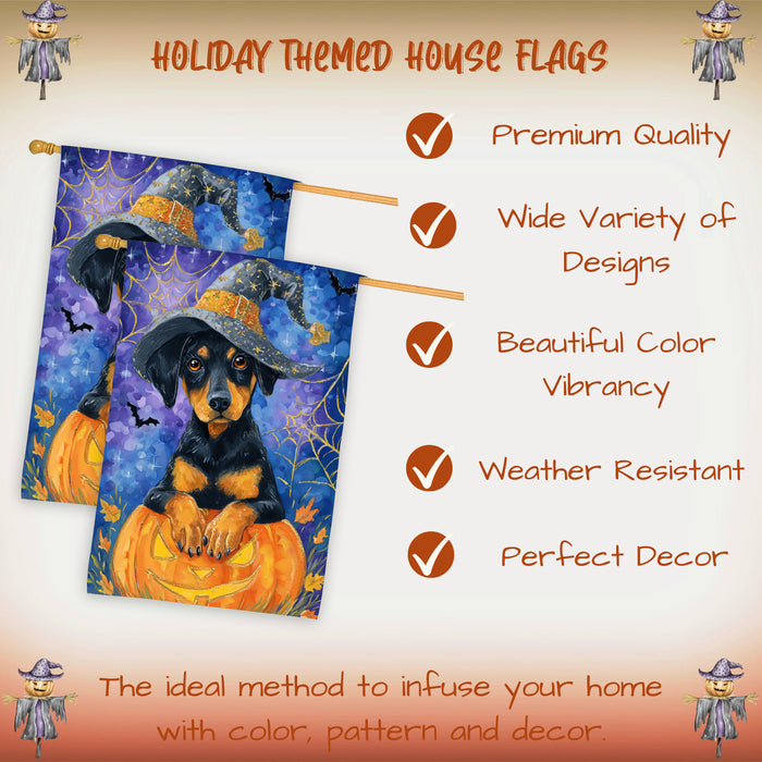 Doberman Pumpkin Fall House Flag 28 x 40 Inch Halloween Haunted Outdoor Decor Double Sided Dog Lover Gift Autumn Yard Banner