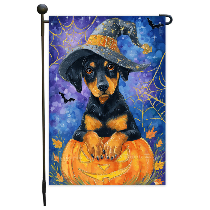 Doberman Spooky Pumpkin Garden Flag Halloween Outdoor Decoration Spider Web Design Holiday Yard Flag Single or Double Sided 12.5 x 18 Inch
