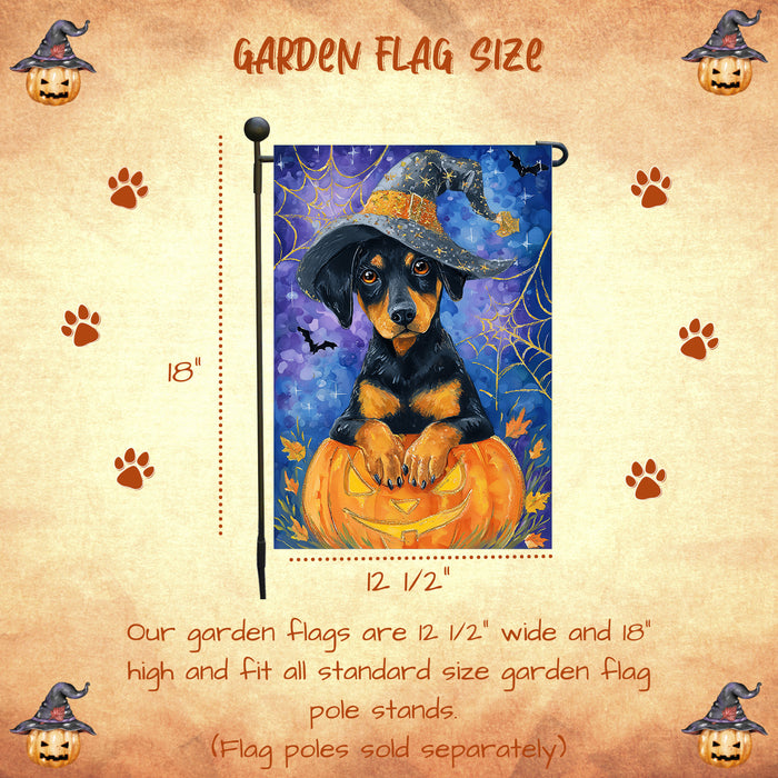 Doberman Spooky Pumpkin Garden Flag Halloween Outdoor Decoration Spider Web Design Holiday Yard Flag Single or Double Sided 12.5 x 18 Inch