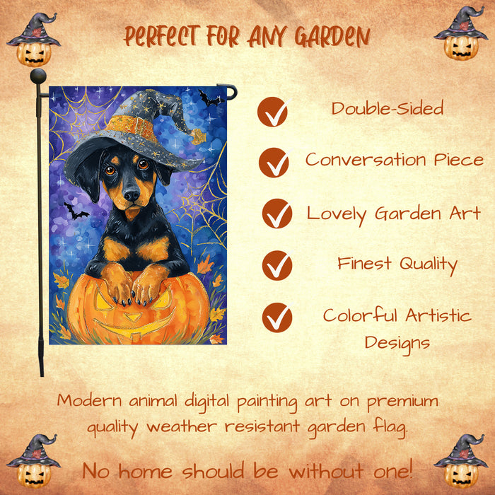 Doberman Spooky Pumpkin Garden Flag Halloween Outdoor Decoration Spider Web Design Holiday Yard Flag Single or Double Sided 12.5 x 18 Inch