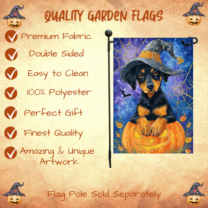 Doberman Spooky Pumpkin Garden Flag Halloween Outdoor Decoration Spider Web Design Holiday Yard Flag Single or Double Sided 12.5 x 18 Inch