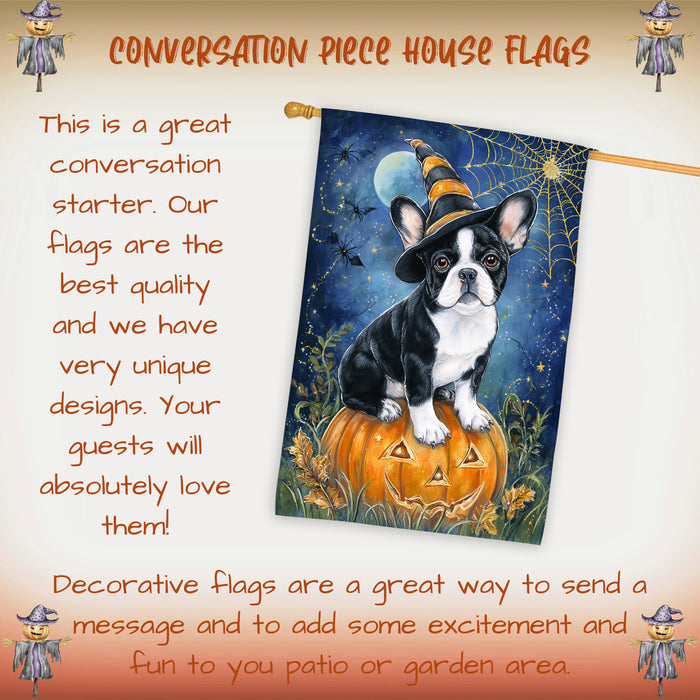 French Bulldog Witchy Pumpkin Fall House Flag 28 x 40 Inch Halloween Outdoor Decor Double Sided Dog Lover Gift Autumn Yard Banner