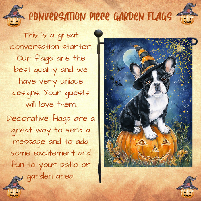 French Bulldog Witchy Pumpkin Garden Flag Halloween Fall Outdoor Decor Autumn Yard Banner Dog Lover Gift Single or Double Sided 12.5 x 18 Inch