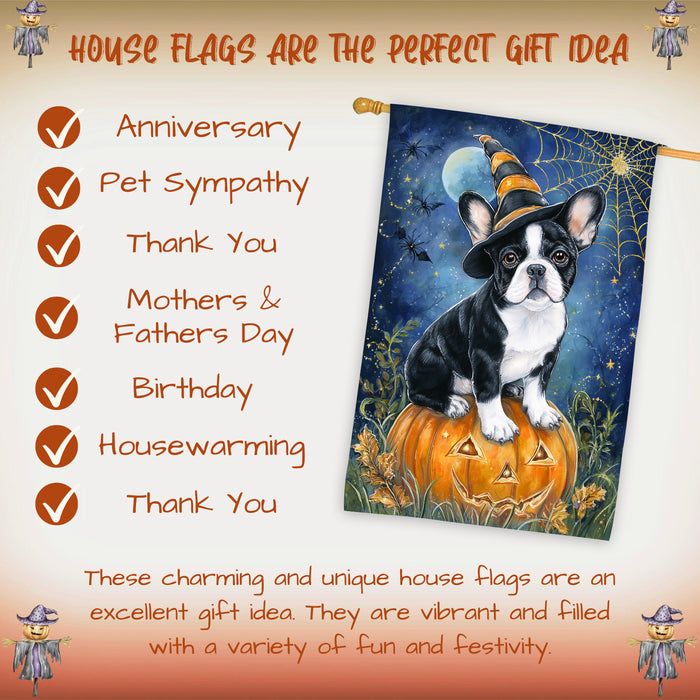 French Bulldog Witchy Pumpkin Fall House Flag 28 x 40 Inch Halloween Outdoor Decor Double Sided Dog Lover Gift Autumn Yard Banner