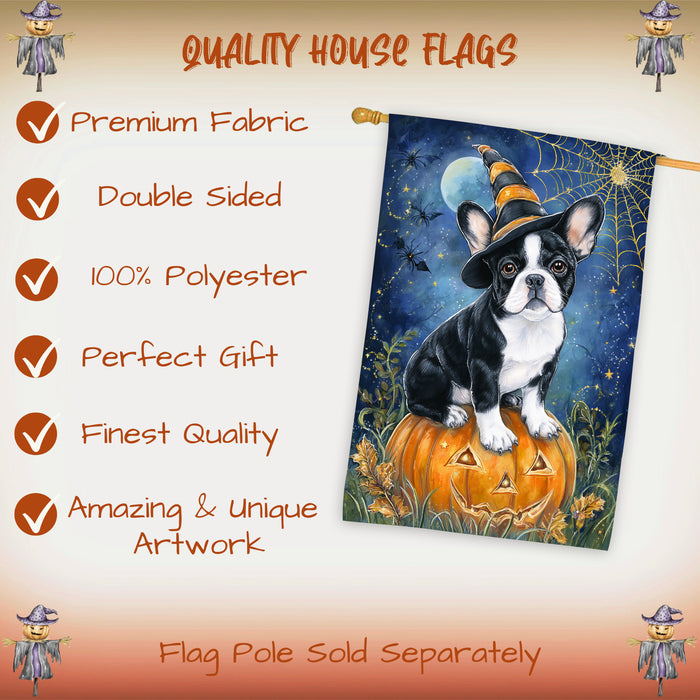 French Bulldog Witchy Pumpkin Fall House Flag 28 x 40 Inch Halloween Outdoor Decor Double Sided Dog Lover Gift Autumn Yard Banner