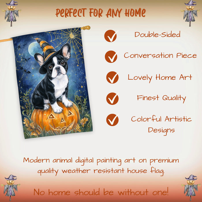 French Bulldog Witchy Pumpkin Fall House Flag 28 x 40 Inch Halloween Outdoor Decor Double Sided Dog Lover Gift Autumn Yard Banner