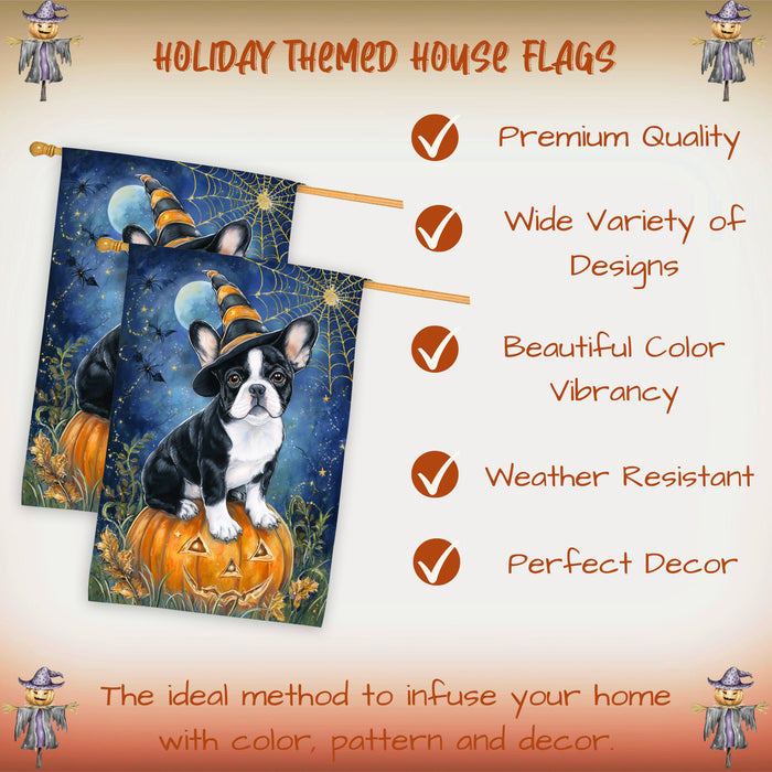 French Bulldog Witchy Pumpkin Fall House Flag 28 x 40 Inch Halloween Outdoor Decor Double Sided Dog Lover Gift Autumn Yard Banner