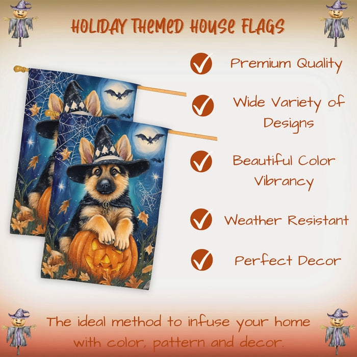 German Shepherd Halloween Trick or Treat House Flag 28 x 40 Inch Fall Outdoor Decor Pumpkin Lantern Spider Web Double Sided Dog Lover Gift