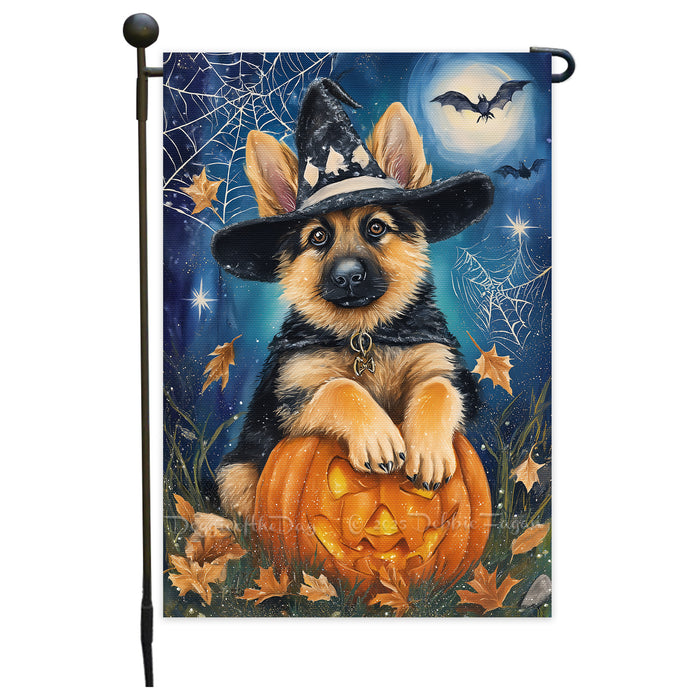 German Shepherd Halloween Trick or Treat Garden Flag Fall Outdoor Decor Pumpkin Lantern Spider Web Design Dog Lover Gift Single or Double Sided 12.5 x 18 Inch
