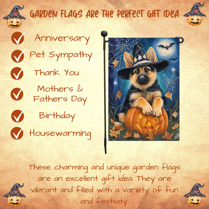 German Shepherd Halloween Trick or Treat Garden Flag Fall Outdoor Decor Pumpkin Lantern Spider Web Design Dog Lover Gift Single or Double Sided 12.5 x 18 Inch