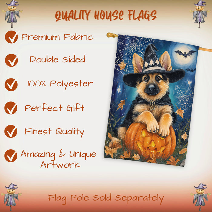 German Shepherd Halloween Trick or Treat House Flag 28 x 40 Inch Fall Outdoor Decor Pumpkin Lantern Spider Web Double Sided Dog Lover Gift