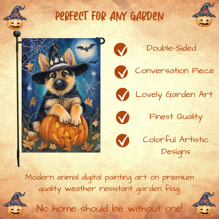 German Shepherd Halloween Trick or Treat Garden Flag Fall Outdoor Decor Pumpkin Lantern Spider Web Design Dog Lover Gift Single or Double Sided 12.5 x 18 Inch