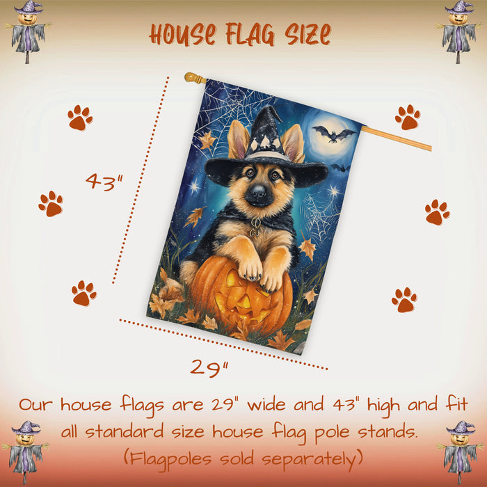 German Shepherd Halloween Trick or Treat House Flag 28 x 40 Inch Fall Outdoor Decor Pumpkin Lantern Spider Web Double Sided Dog Lover Gift
