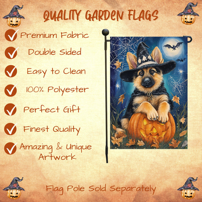German Shepherd Halloween Trick or Treat Garden Flag Fall Outdoor Decor Pumpkin Lantern Spider Web Design Dog Lover Gift Single or Double Sided 12.5 x 18 Inch