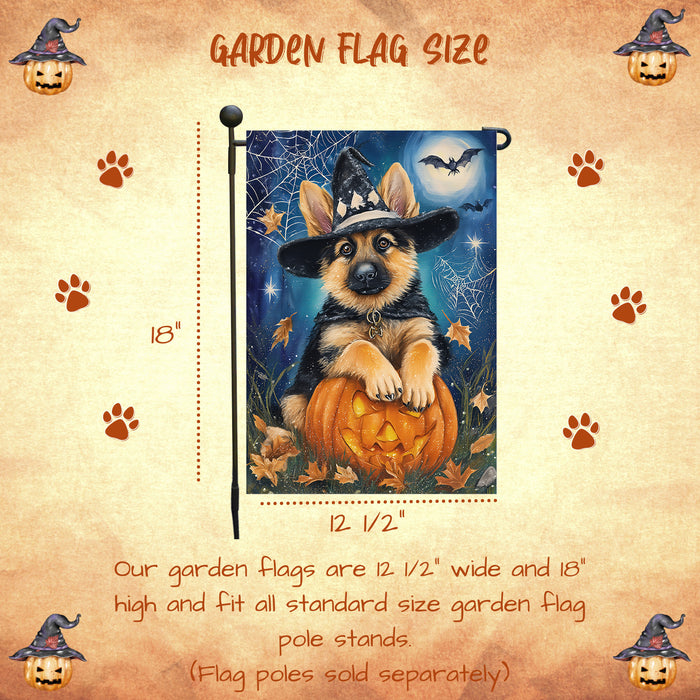 German Shepherd Halloween Trick or Treat Garden Flag Fall Outdoor Decor Pumpkin Lantern Spider Web Design Dog Lover Gift Single or Double Sided 12.5 x 18 Inch
