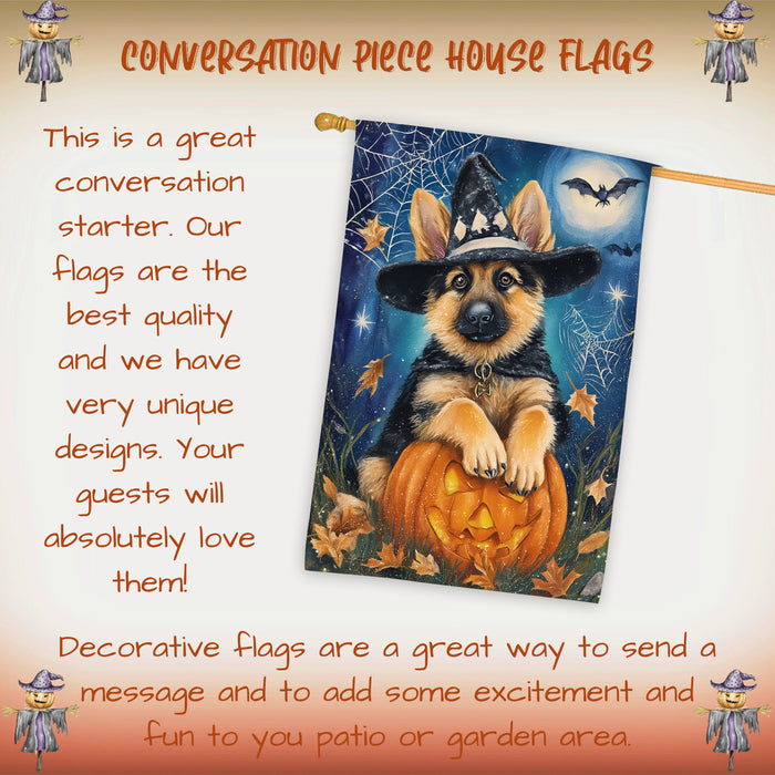 German Shepherd Halloween Trick or Treat House Flag 28 x 40 Inch Fall Outdoor Decor Pumpkin Lantern Spider Web Double Sided Dog Lover Gift
