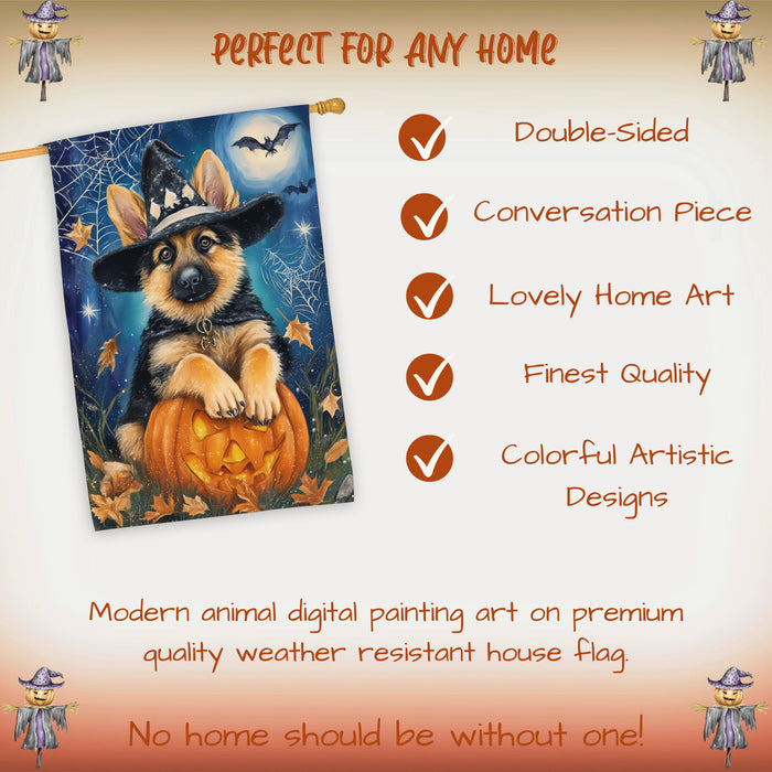 German Shepherd Halloween Trick or Treat House Flag 28 x 40 Inch Fall Outdoor Decor Pumpkin Lantern Spider Web Double Sided Dog Lover Gift