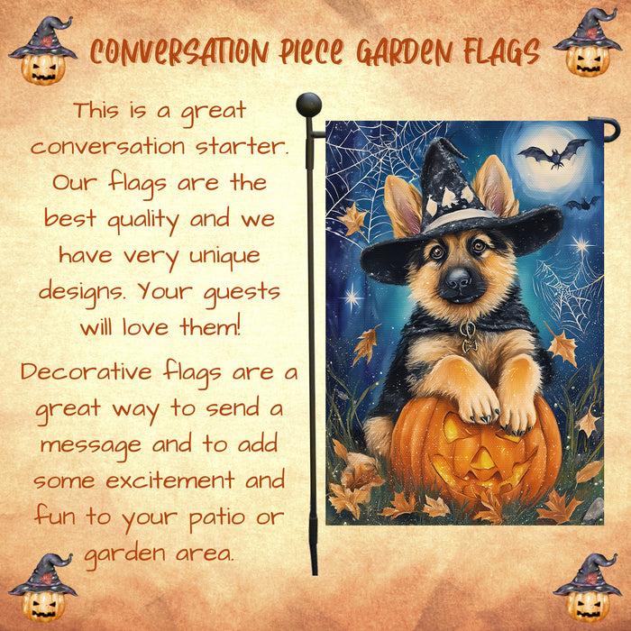 German Shepherd Halloween Trick or Treat Garden Flag Fall Outdoor Decor Pumpkin Lantern Spider Web Design Dog Lover Gift Single or Double Sided 12.5 x 18 Inch