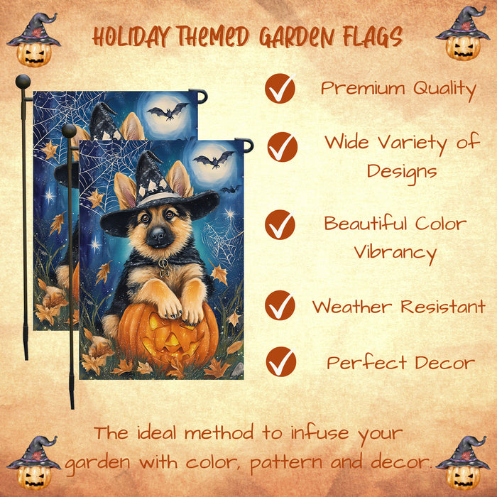 German Shepherd Halloween Trick or Treat Garden Flag Fall Outdoor Decor Pumpkin Lantern Spider Web Design Dog Lover Gift Single or Double Sided 12.5 x 18 Inch