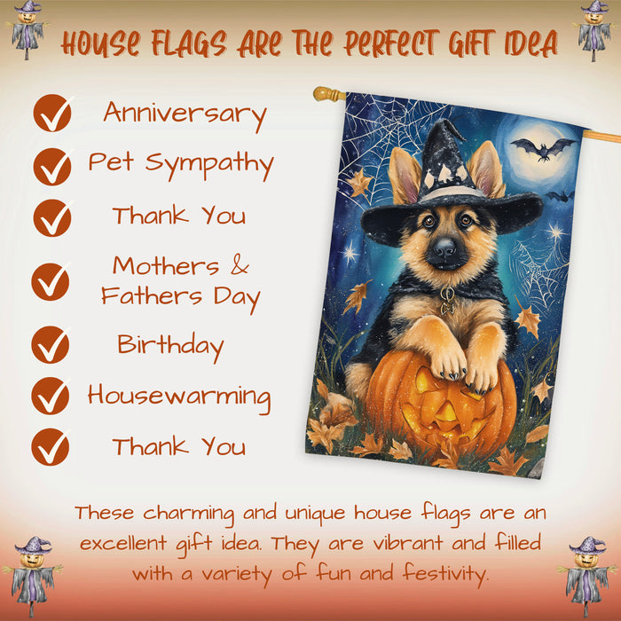 German Shepherd Halloween Trick or Treat House Flag 28 x 40 Inch Fall Outdoor Decor Pumpkin Lantern Spider Web Double Sided Dog Lover Gift