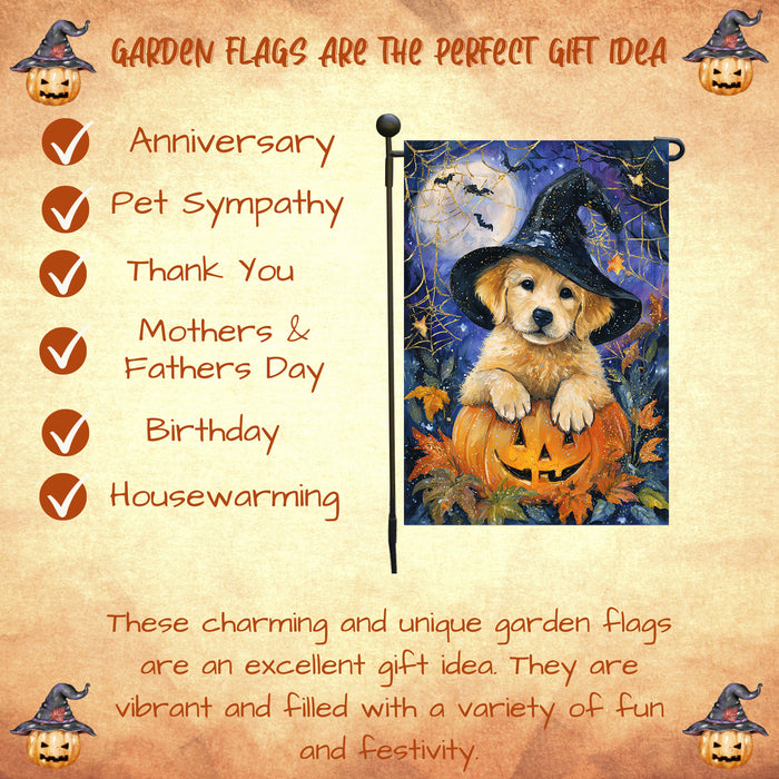 Golden Retriever Pumpkin Halloween Garden Flag Fall Outdoor Decor Spider Web Haunted House Yard Banner Dog Lover Gift Single or Double Sided 12.5 x 18 Inch