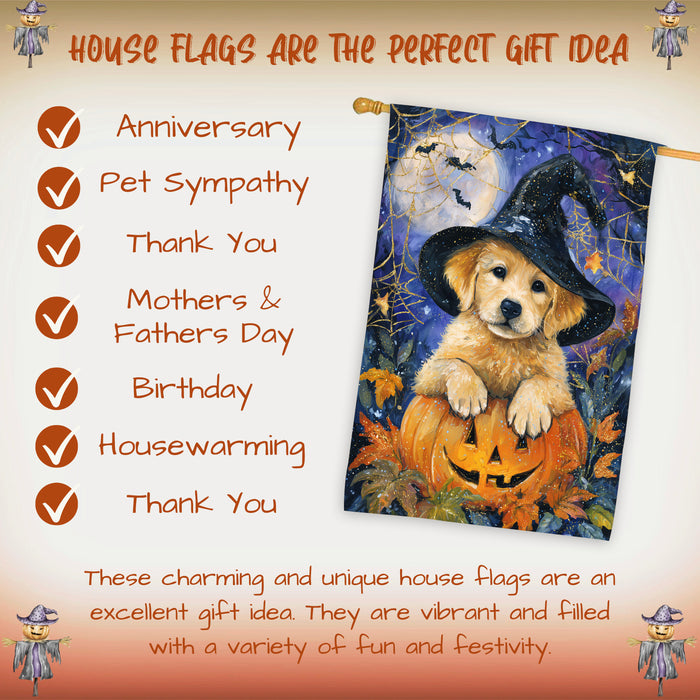 Golden Retriever Pumpkin Halloween House Flag 28 x 40 Inch Fall Outdoor Decor Haunted Yard Banner Double Sided Dog Lover Gift