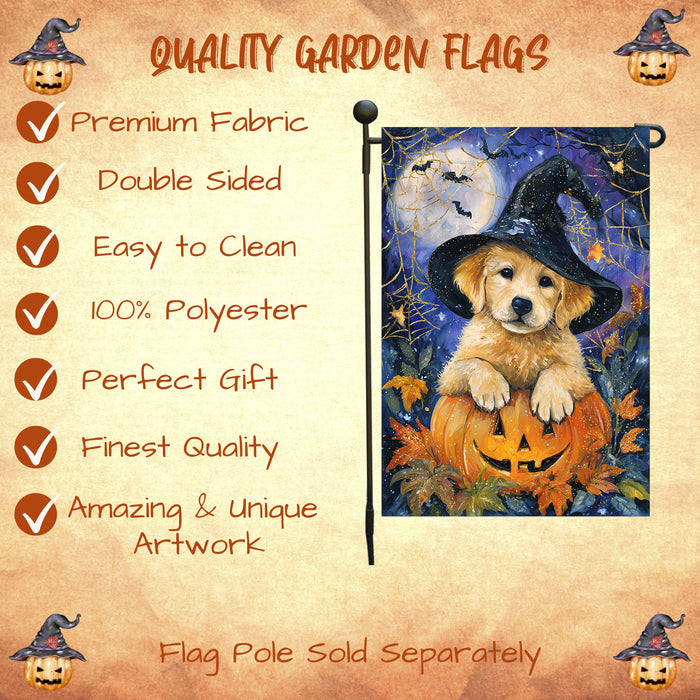 Golden Retriever Pumpkin Halloween Garden Flag Fall Outdoor Decor Spider Web Haunted House Yard Banner Dog Lover Gift Single or Double Sided 12.5 x 18 Inch