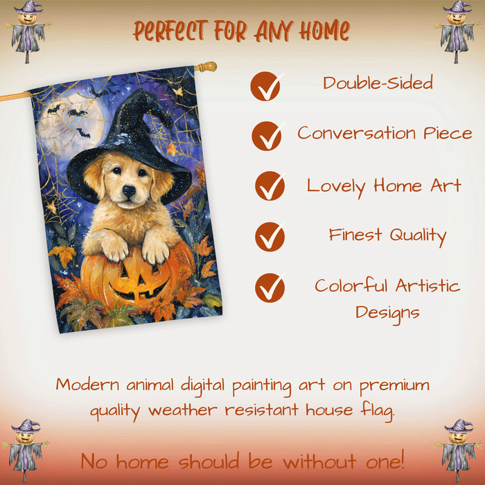Golden Retriever Pumpkin Halloween House Flag 28 x 40 Inch Fall Outdoor Decor Haunted Yard Banner Double Sided Dog Lover Gift