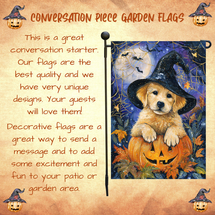 Golden Retriever Pumpkin Halloween Garden Flag Fall Outdoor Decor Spider Web Haunted House Yard Banner Dog Lover Gift Single or Double Sided 12.5 x 18 Inch