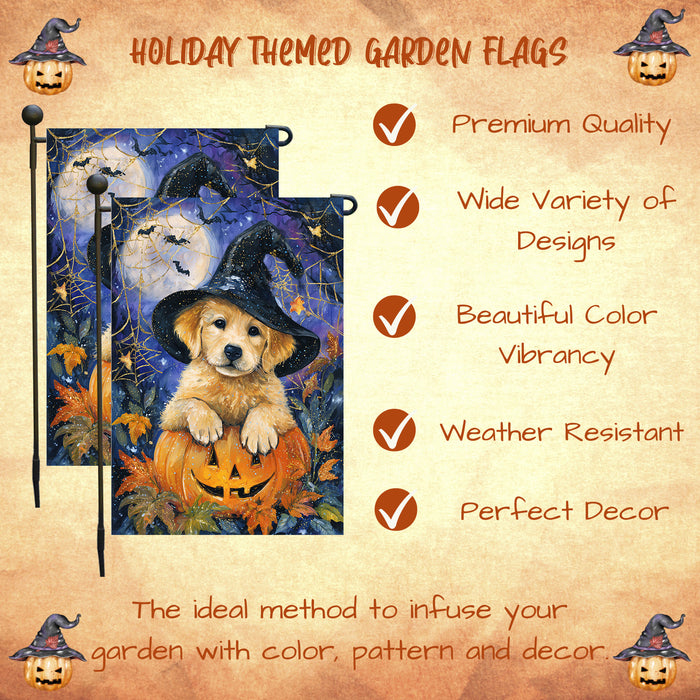 Golden Retriever Pumpkin Halloween Garden Flag Fall Outdoor Decor Spider Web Haunted House Yard Banner Dog Lover Gift Single or Double Sided 12.5 x 18 Inch