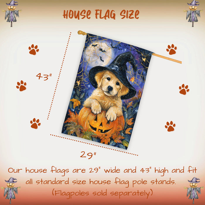 Golden Retriever Pumpkin Halloween House Flag 28 x 40 Inch Fall Outdoor Decor Haunted Yard Banner Double Sided Dog Lover Gift