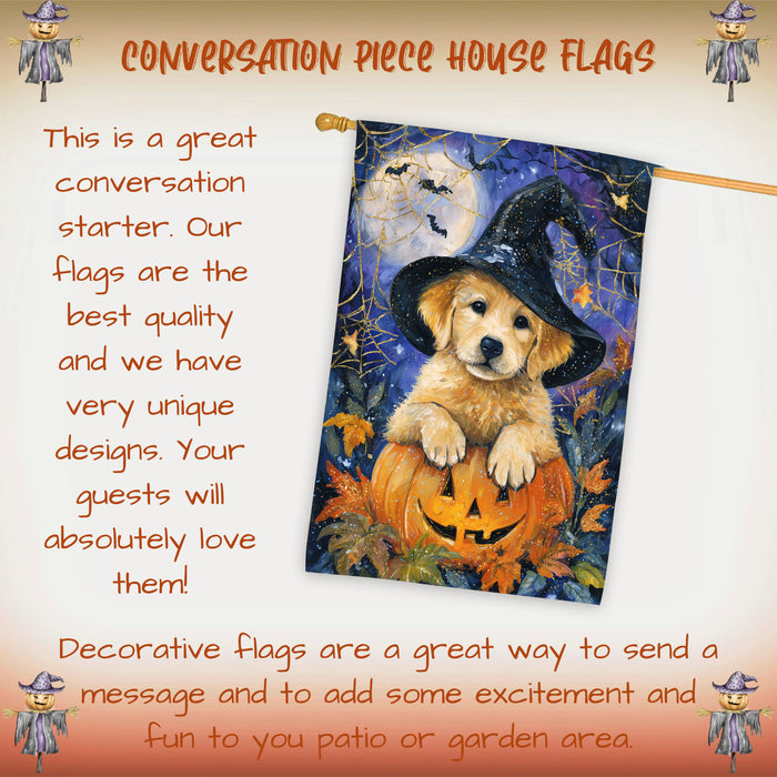 Golden Retriever Pumpkin Halloween House Flag 28 x 40 Inch Fall Outdoor Decor Haunted Yard Banner Double Sided Dog Lover Gift