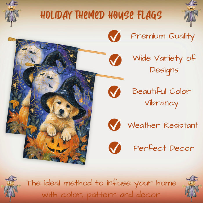 Golden Retriever Pumpkin Halloween House Flag 28 x 40 Inch Fall Outdoor Decor Haunted Yard Banner Double Sided Dog Lover Gift