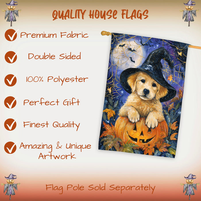 Golden Retriever Pumpkin Halloween House Flag 28 x 40 Inch Fall Outdoor Decor Haunted Yard Banner Double Sided Dog Lover Gift