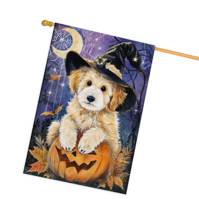Goldendoodle Witch Hat Pumpkin Halloween House Flag 28 x 40 Inch Fall Outdoor Decor Farmhouse Yard Banner Double Sided Dog Lover Gift