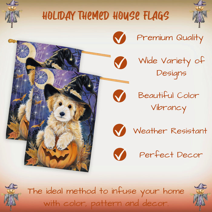 Goldendoodle Witch Hat Pumpkin Halloween House Flag 28 x 40 Inch Fall Outdoor Decor Farmhouse Yard Banner Double Sided Dog Lover Gift