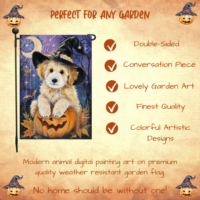 Goldendoodle Witch Hat Pumpkin Garden Flag Halloween Fall Outdoor Decor Farmhouse Yard Banner Dog Lover Gift Single or Double Sided 12.5 x 18 Inch