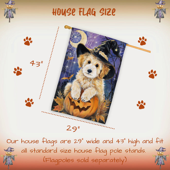 Goldendoodle Witch Hat Pumpkin Halloween House Flag 28 x 40 Inch Fall Outdoor Decor Farmhouse Yard Banner Double Sided Dog Lover Gift