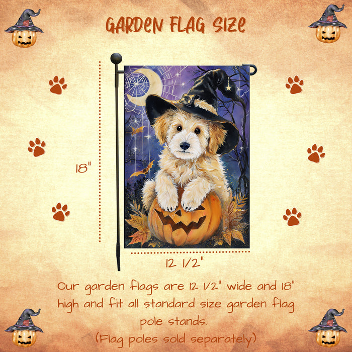 Goldendoodle Witch Hat Pumpkin Garden Flag Halloween Fall Outdoor Decor Farmhouse Yard Banner Dog Lover Gift Single or Double Sided 12.5 x 18 Inch