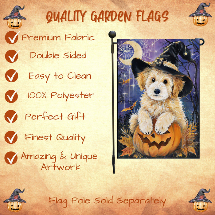 Goldendoodle Witch Hat Pumpkin Garden Flag Halloween Fall Outdoor Decor Farmhouse Yard Banner Dog Lover Gift Single or Double Sided 12.5 x 18 Inch