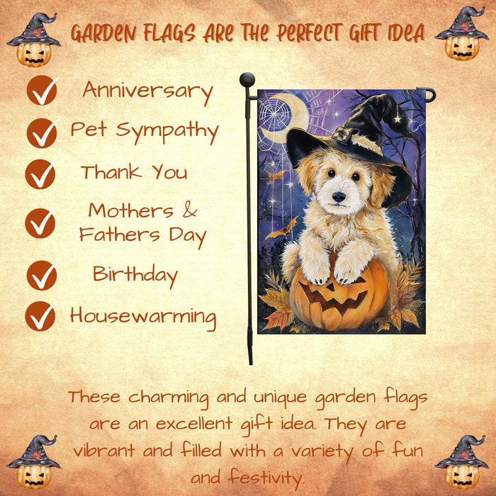 Goldendoodle Witch Hat Pumpkin Garden Flag Halloween Fall Outdoor Decor Farmhouse Yard Banner Dog Lover Gift Single or Double Sided 12.5 x 18 Inch
