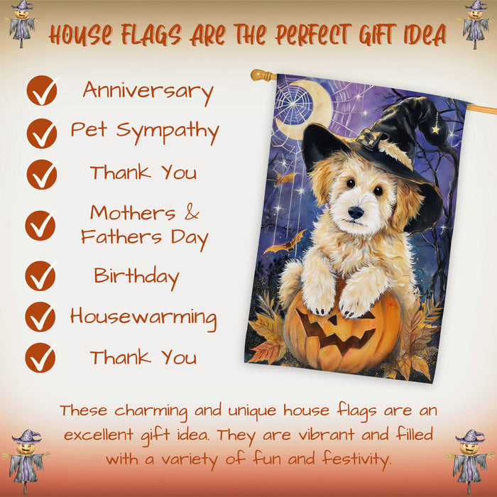 Goldendoodle Witch Hat Pumpkin Halloween House Flag 28 x 40 Inch Fall Outdoor Decor Farmhouse Yard Banner Double Sided Dog Lover Gift
