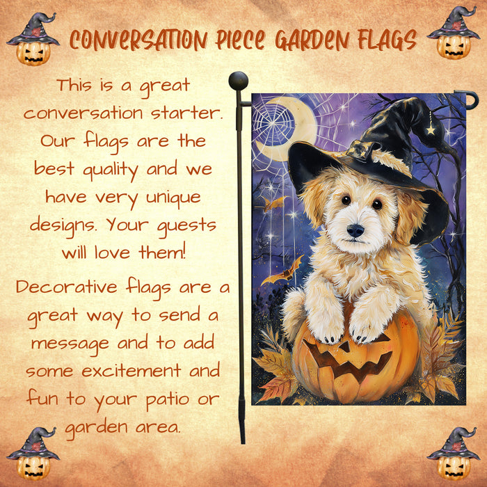Goldendoodle Witch Hat Pumpkin Garden Flag Halloween Fall Outdoor Decor Farmhouse Yard Banner Dog Lover Gift Single or Double Sided 12.5 x 18 Inch