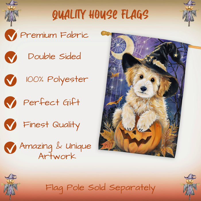 Goldendoodle Witch Hat Pumpkin Halloween House Flag 28 x 40 Inch Fall Outdoor Decor Farmhouse Yard Banner Double Sided Dog Lover Gift